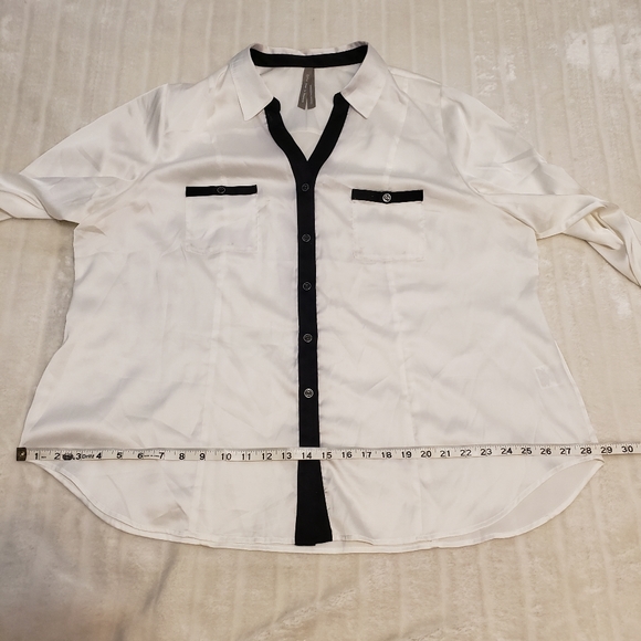 Penningtons Shiny White Button Down Top with Black Edging - Picture 9 of 16
